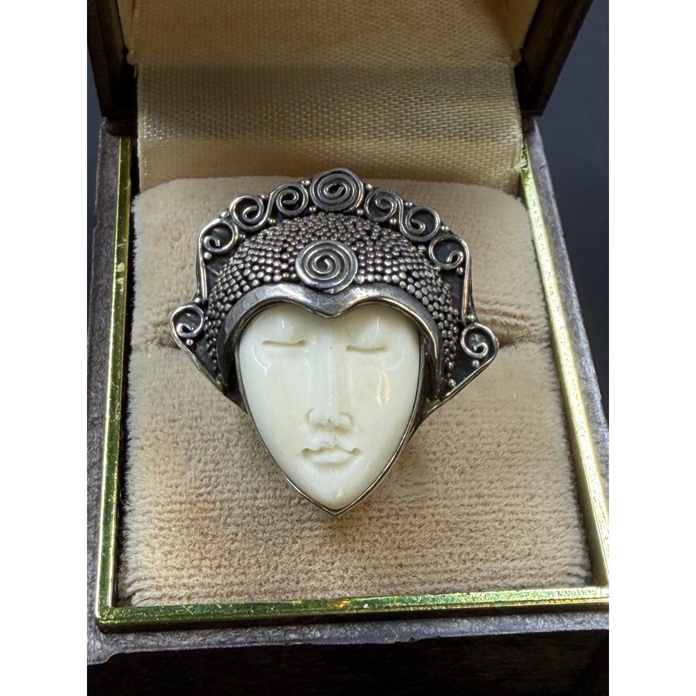 Vintage 925 Silver Indonesia Carved Goddess Face Ring Ornate Bali Size 8